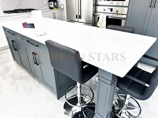 Kitchen Renovation with Waterfall Quartz Island in Coquitlam
