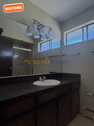 Dark dated vanity before renovation