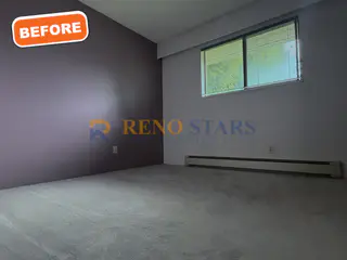Purple-painted bedroom with carpet before renovation