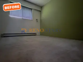 Green-painted bedroom with carpet before renovation